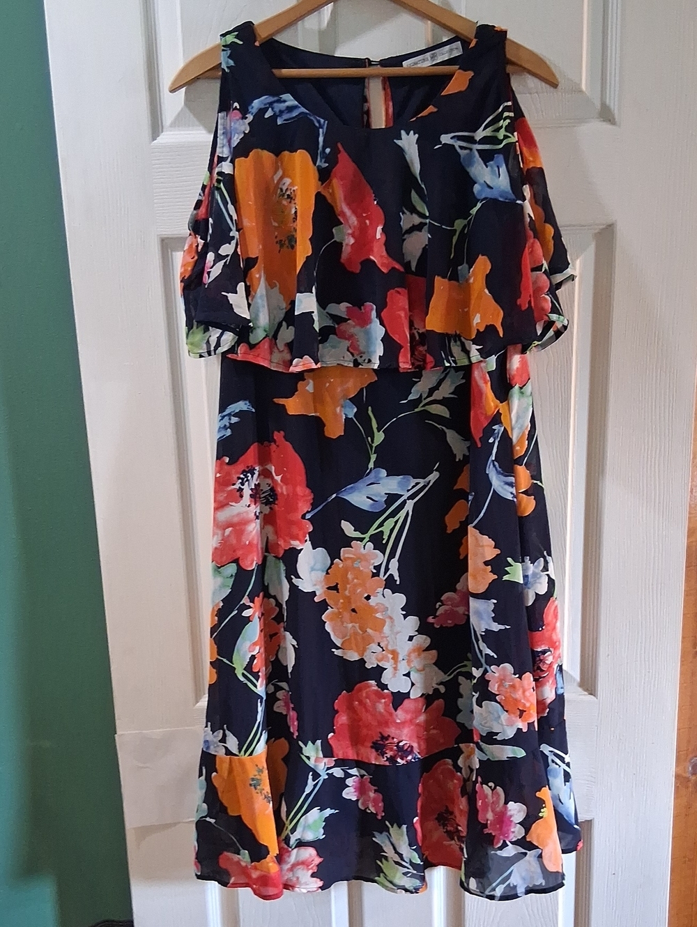 Navy Floral Cold-Shoulder Midi Dress with Bright Floral Print